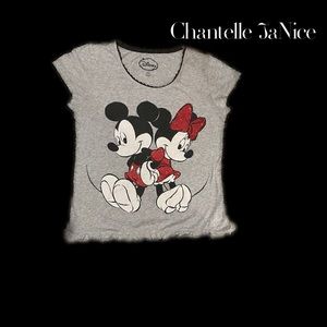 Disney pajama top. Minnie Mouse. Grey black and red. Lettuce trim